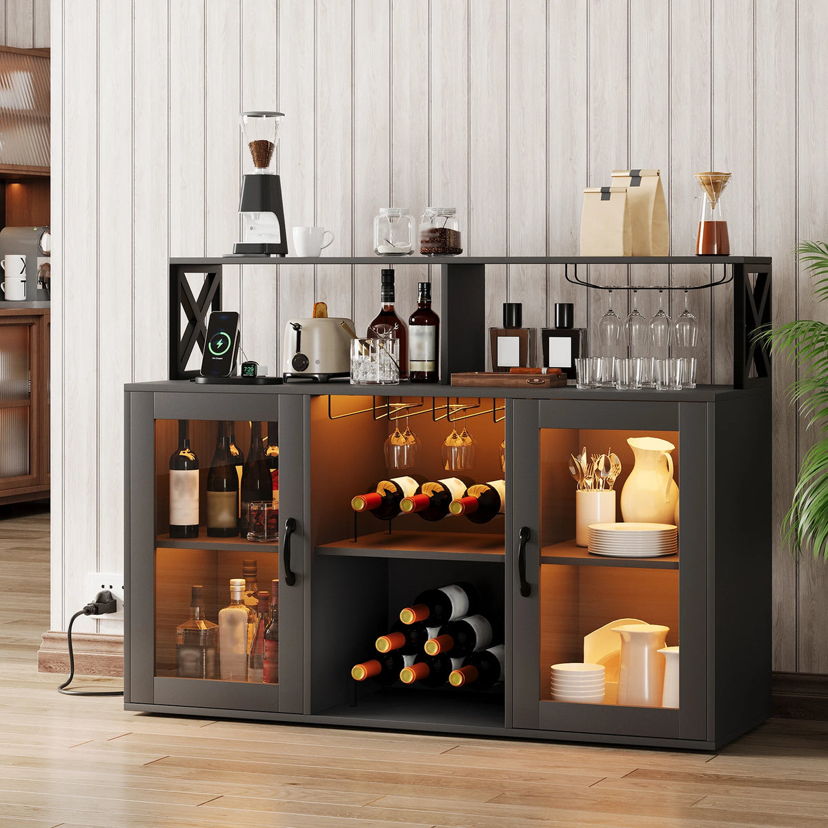 Industrial Kitchen Island Drinks Cabinet, Wine Rack & Shelving
