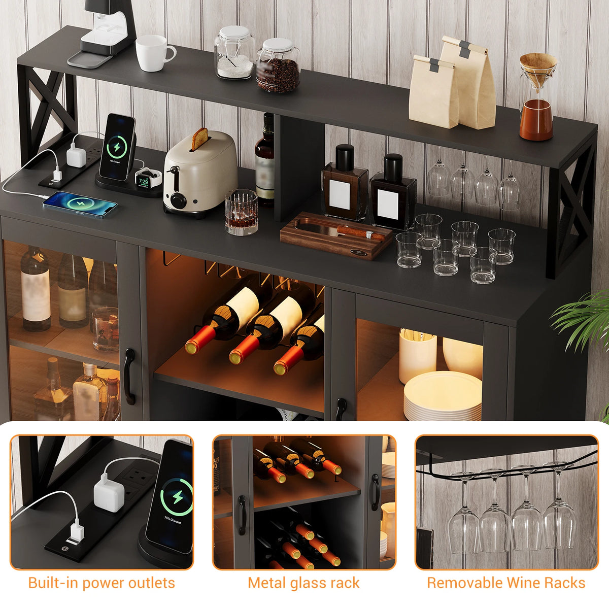 Industrial Kitchen Island Drinks Cabinet, Wine Rack & Shelving