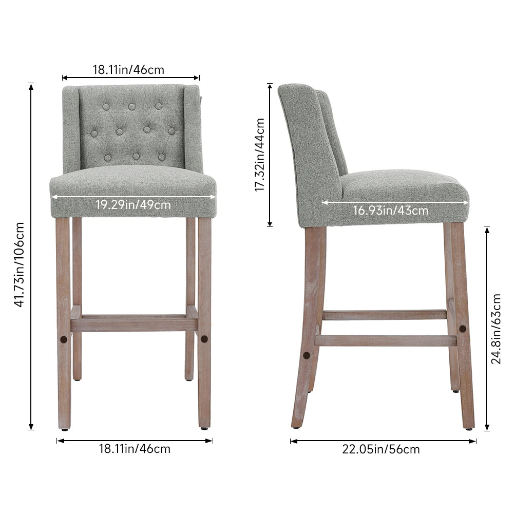 Rustic Bar Stools Set of 2, Linen, Wood Legs