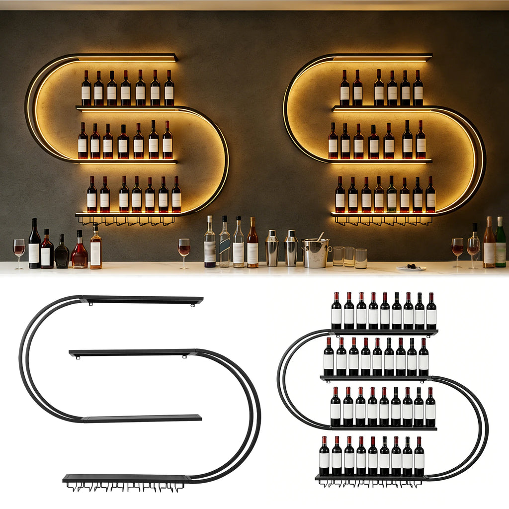 4-Tier Wall-Mounted Wine Rack with LED Light and Glass Holder