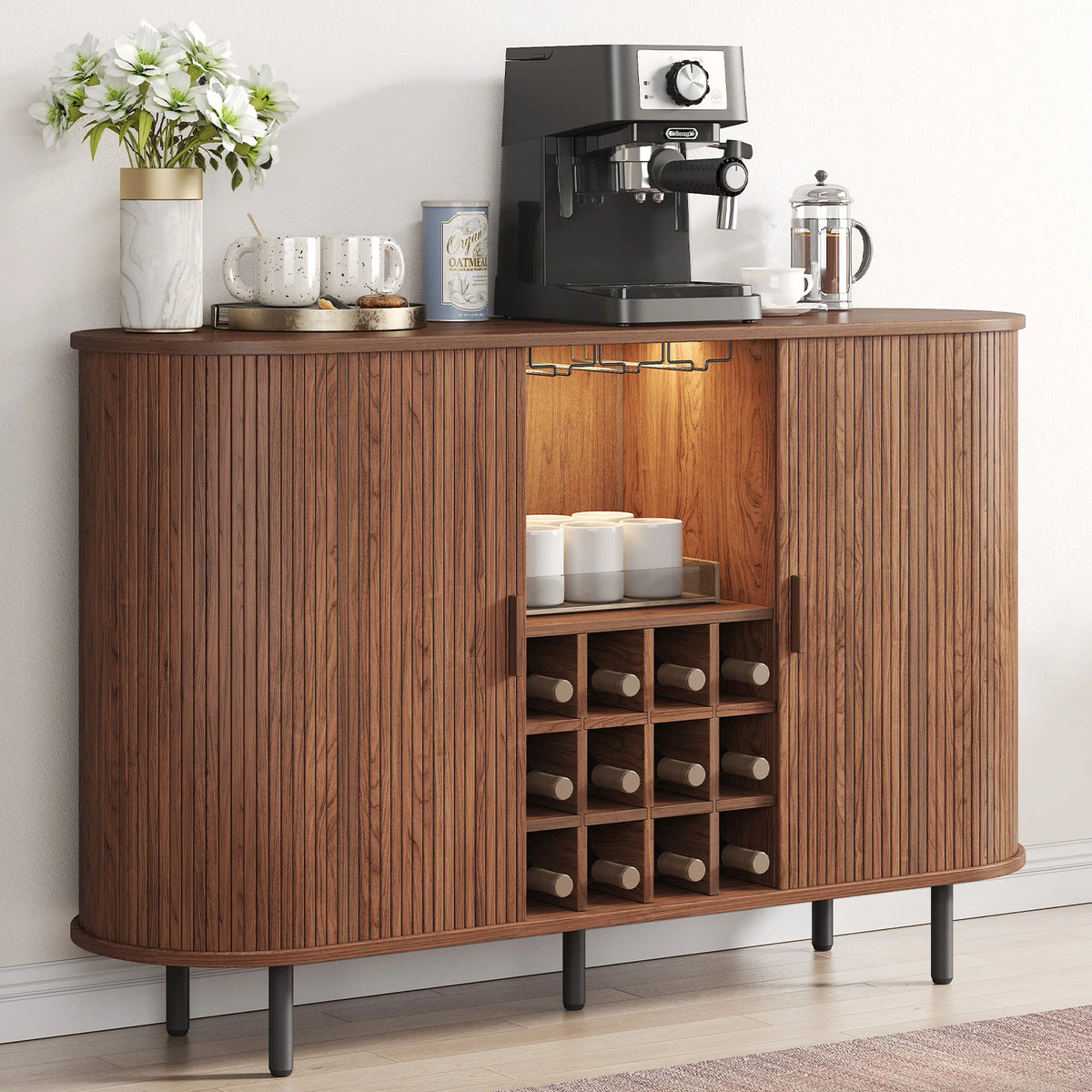 Modern Drinks Cabinet Walnut LED Light