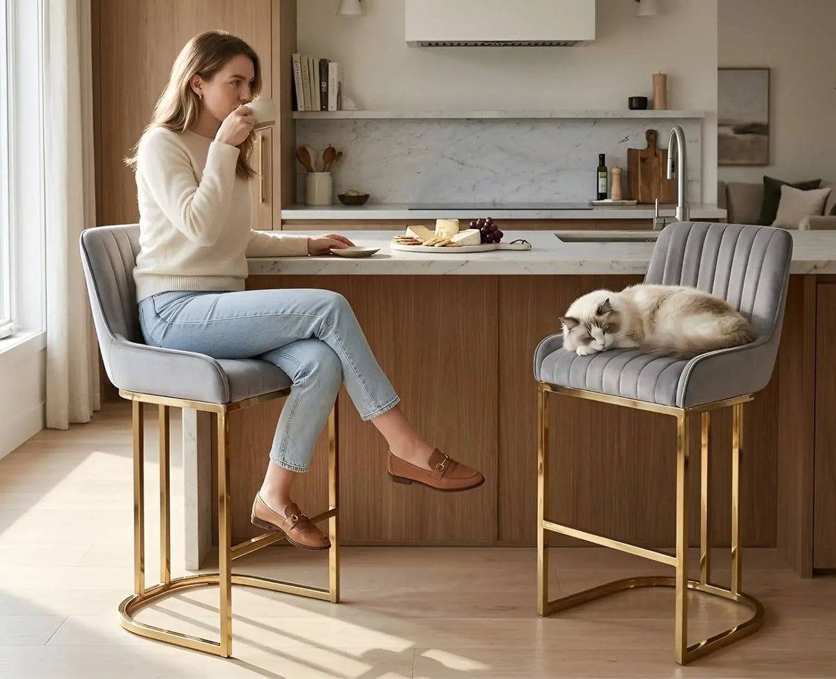 Brixton Grey Velvet Bar Stools Set of 2, High Back, Gold Metal Frame