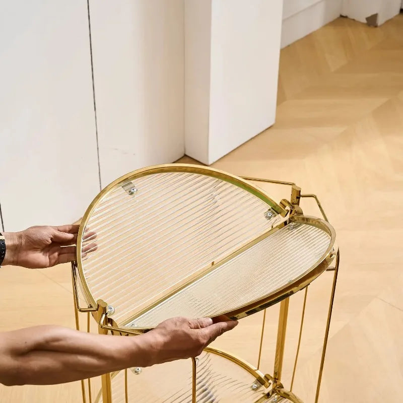 Foldable Round Drinks Trolley with Glass Shelves, Gold or Silver