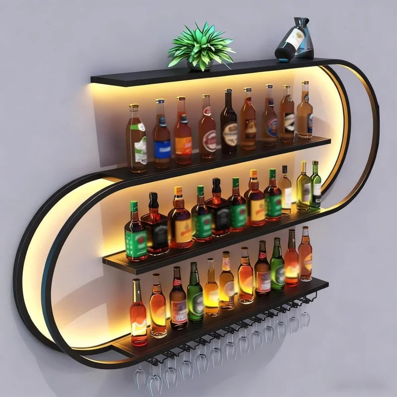 4-Tier Wall-Mounted Wine Rack with LED Light and Glass Holder