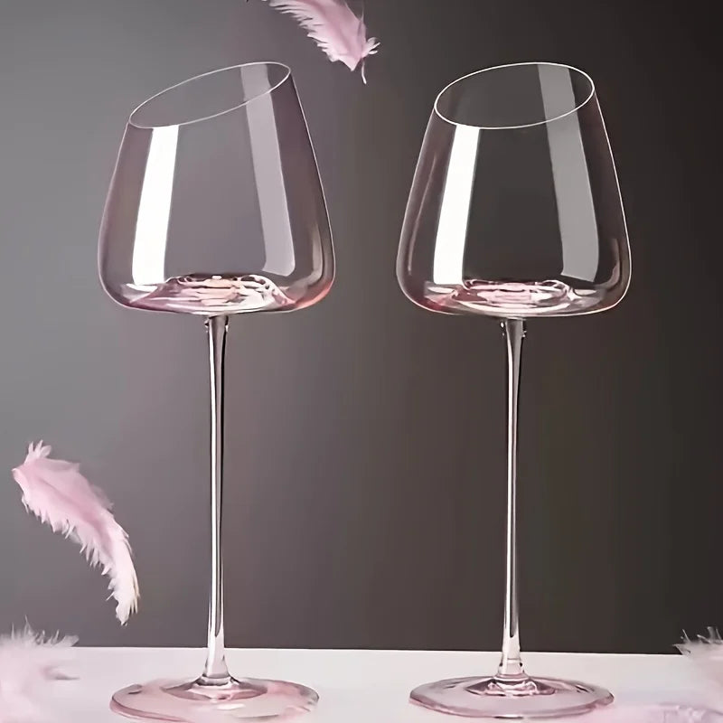 Pink Crystal Wine Glasses, Set of 2, Slanted Mouth