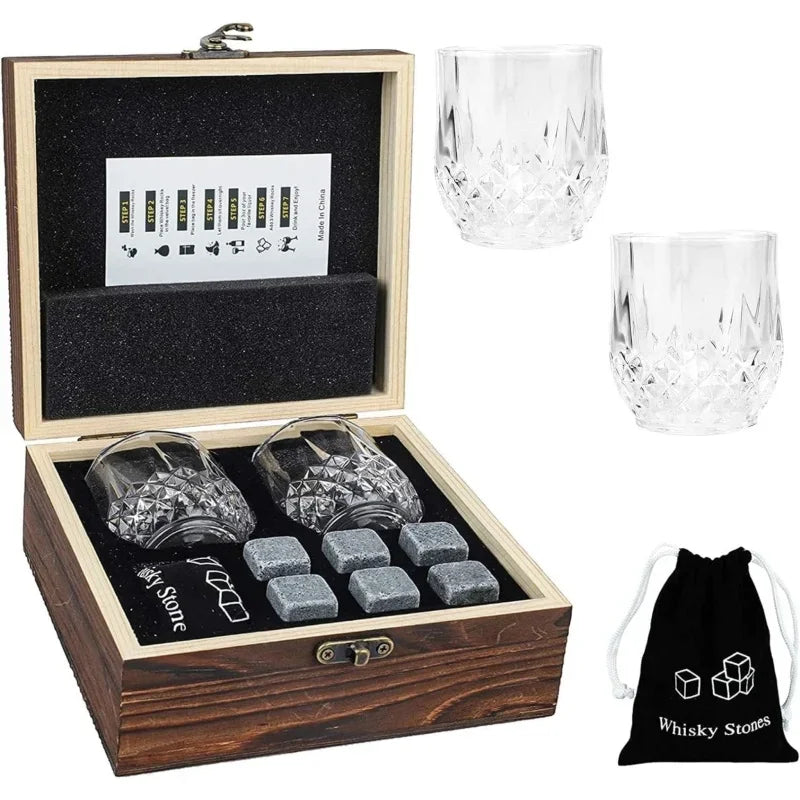 Granite Whisky Stone and Glass Set in Wooden Bottle Box