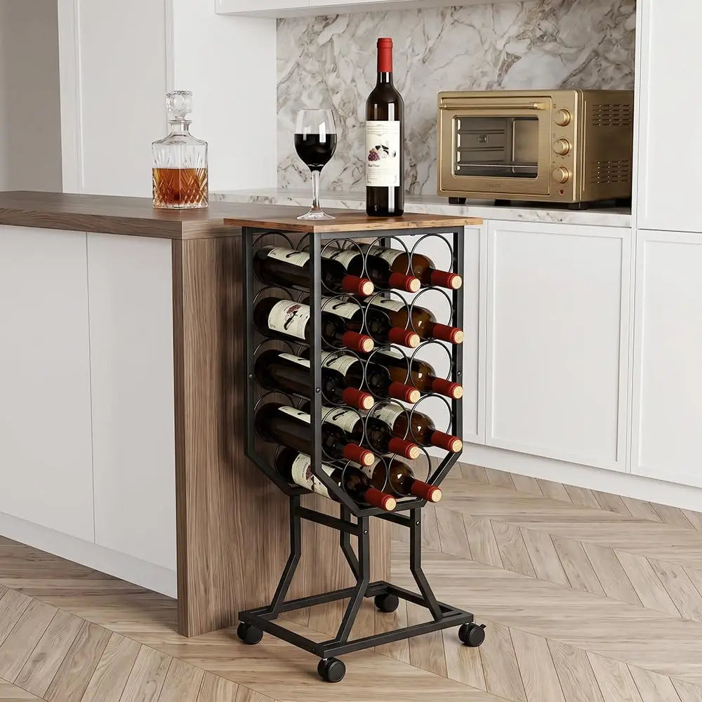 12-Bottle Freestanding Wine Rack with Casters and Wood Top