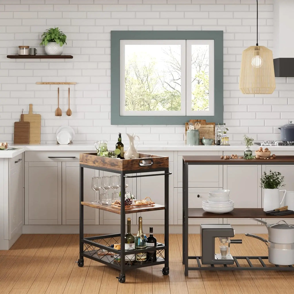 3-Tier Industrial Bar Cart with Removable Tray