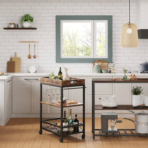 3-Tier Industrial Bar Cart with Removable Tray