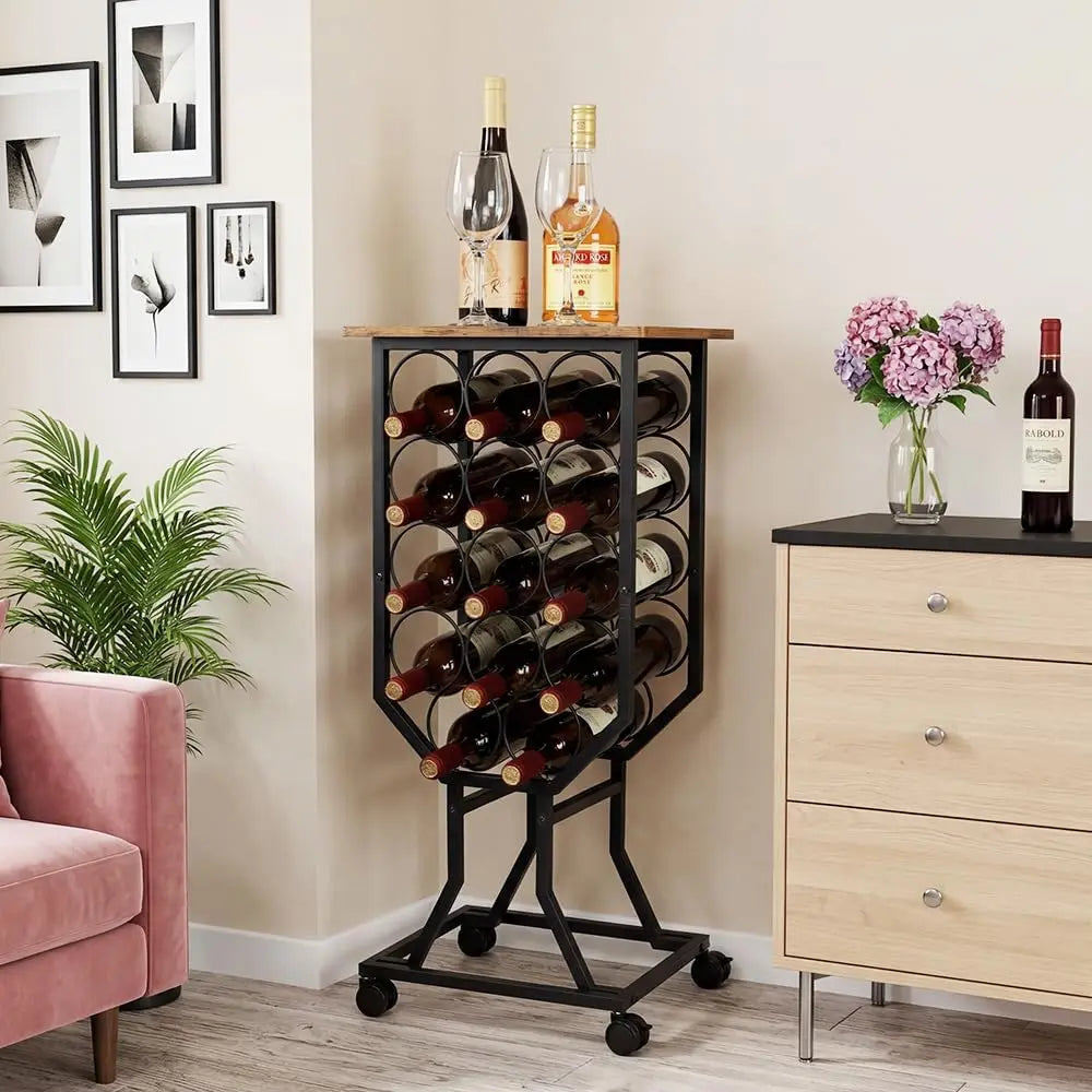 12-Bottle Freestanding Wine Rack with Casters and Wood Top
