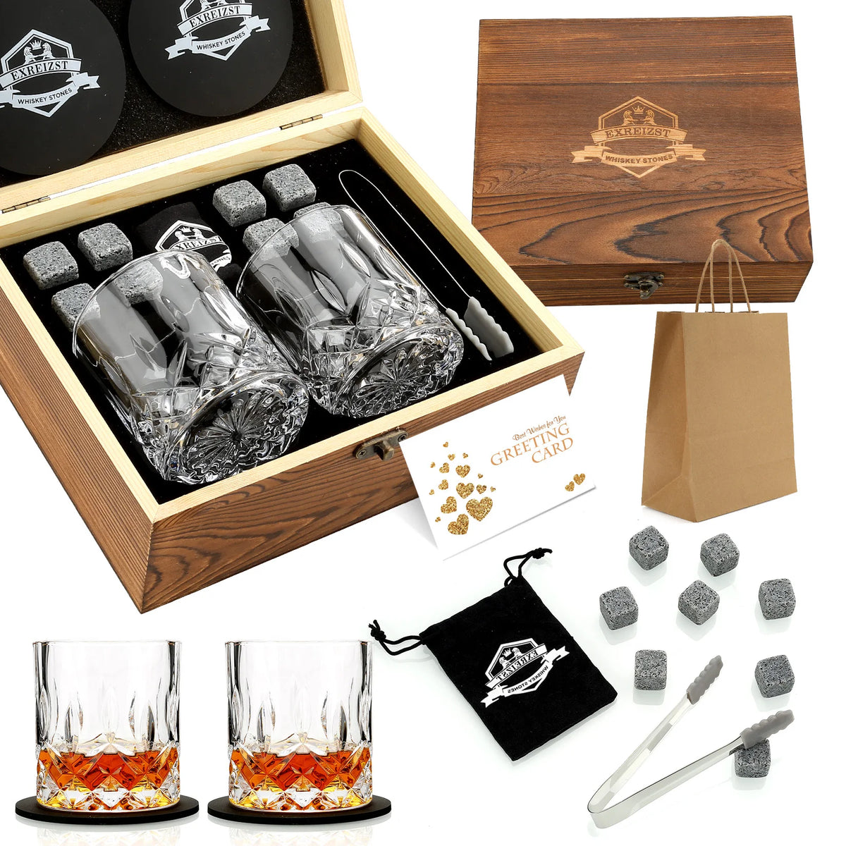 Granite Whisky Stones and Glasses Gift Set, Wooden Box