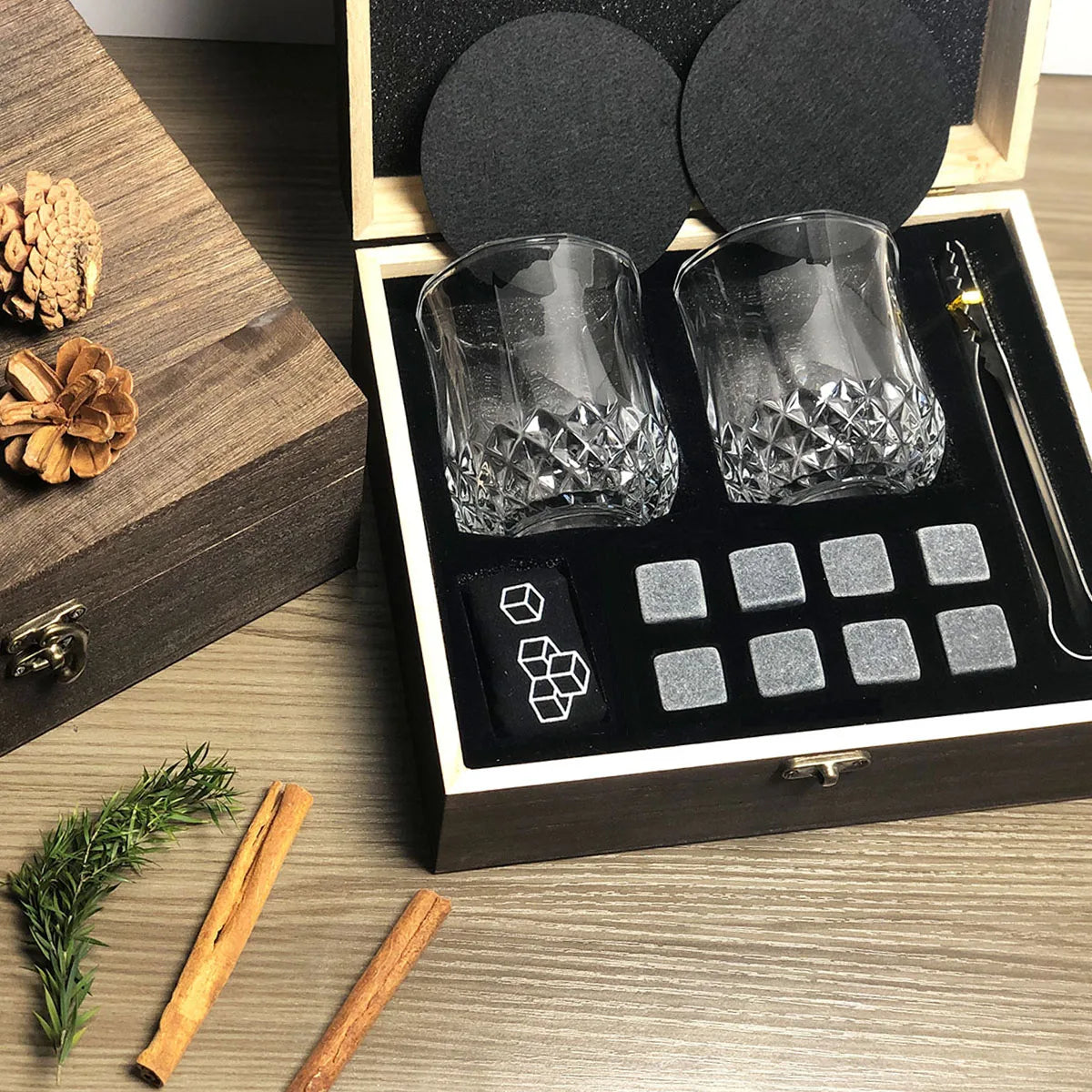 Whisky Gift Set: 2 Glasses, 8 Granite Stones, Wooden Box
