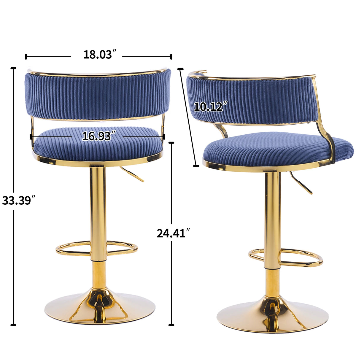 Corduroy Swivel Bar Stools Set of 2, Gold Base, Blue