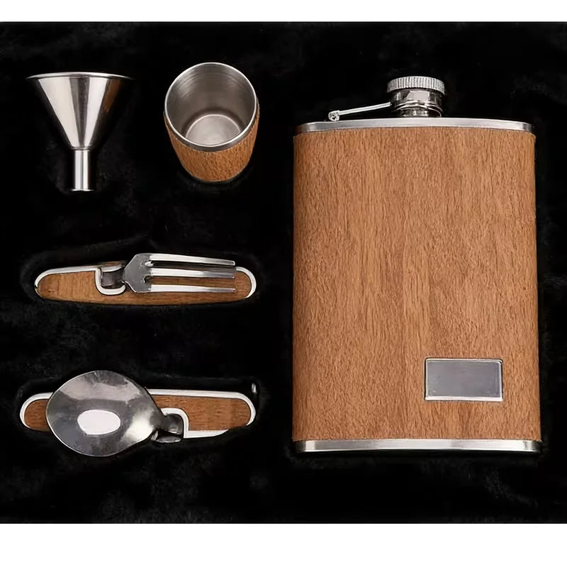 Stainless Steel Hip Flask Gift Set in Wooden Box