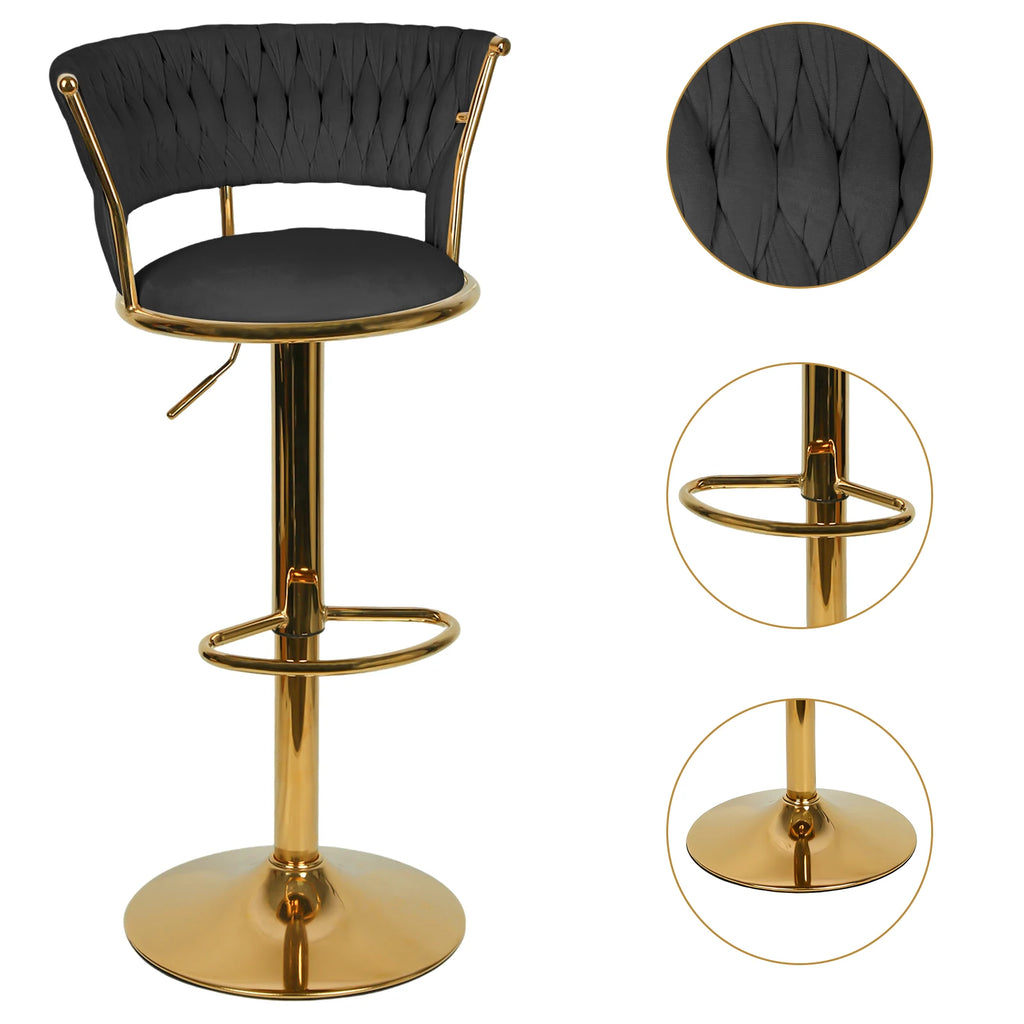 Notting Hill Swivel Velvet Bar Stools Set of 2, Woven Back, Gold Base