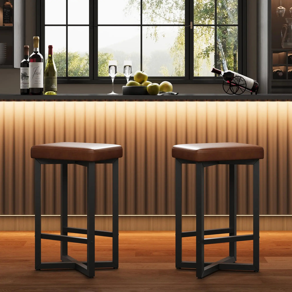 Backless Bar Stools Set of 2, PU Leather, 62.5cm