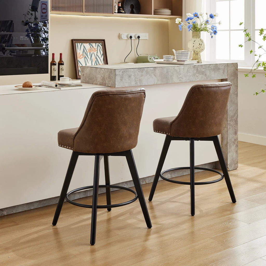 Hampstead Swivel Bar Stools Set of 2, Wooden Legs, Upholstered