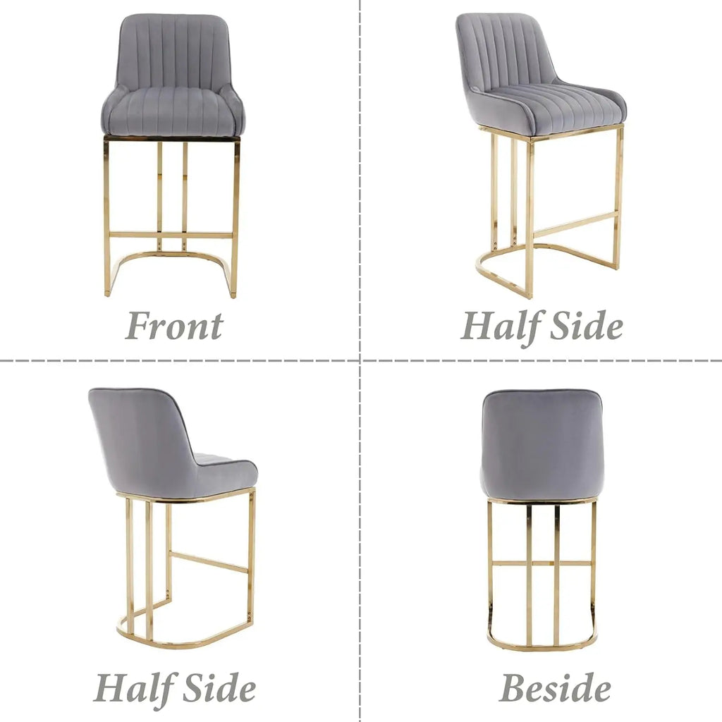 Brixton Grey Velvet Bar Stools Set of 2, High Back, Gold Metal Frame
