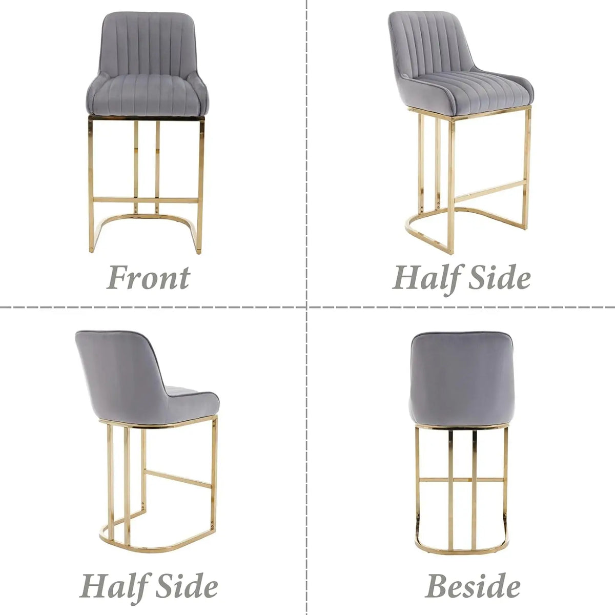 Brixton Grey Velvet Bar Stools Set of 2, High Back, Gold Metal Frame