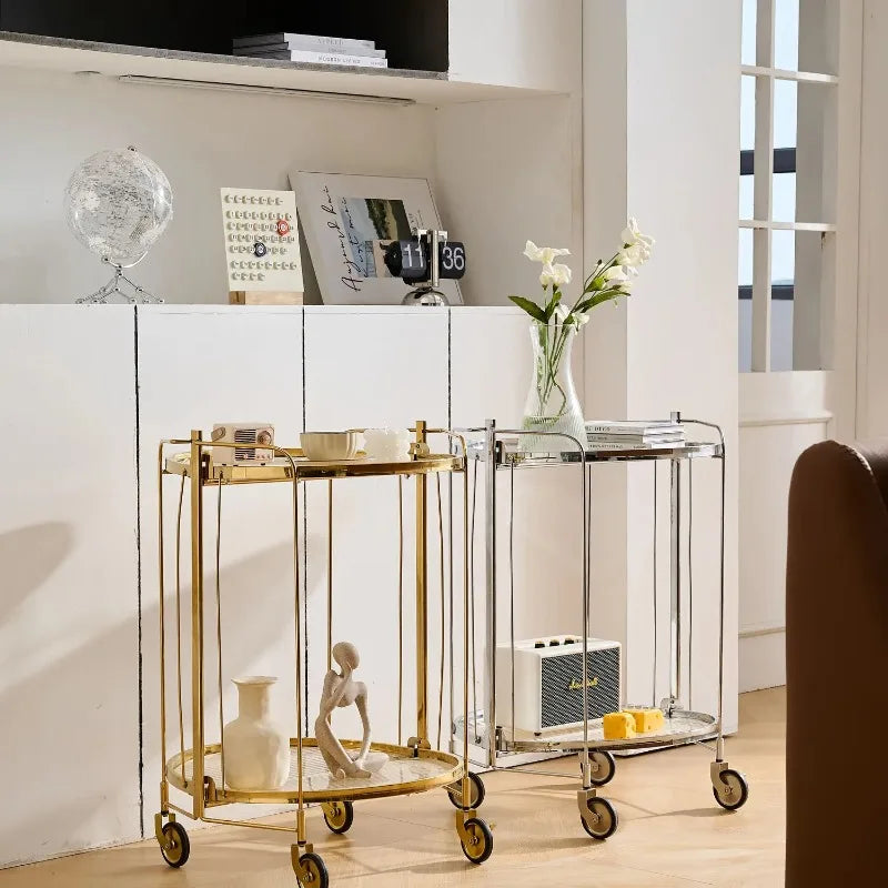 Foldable Round Drinks Trolley with Glass Shelves, Gold or Silver