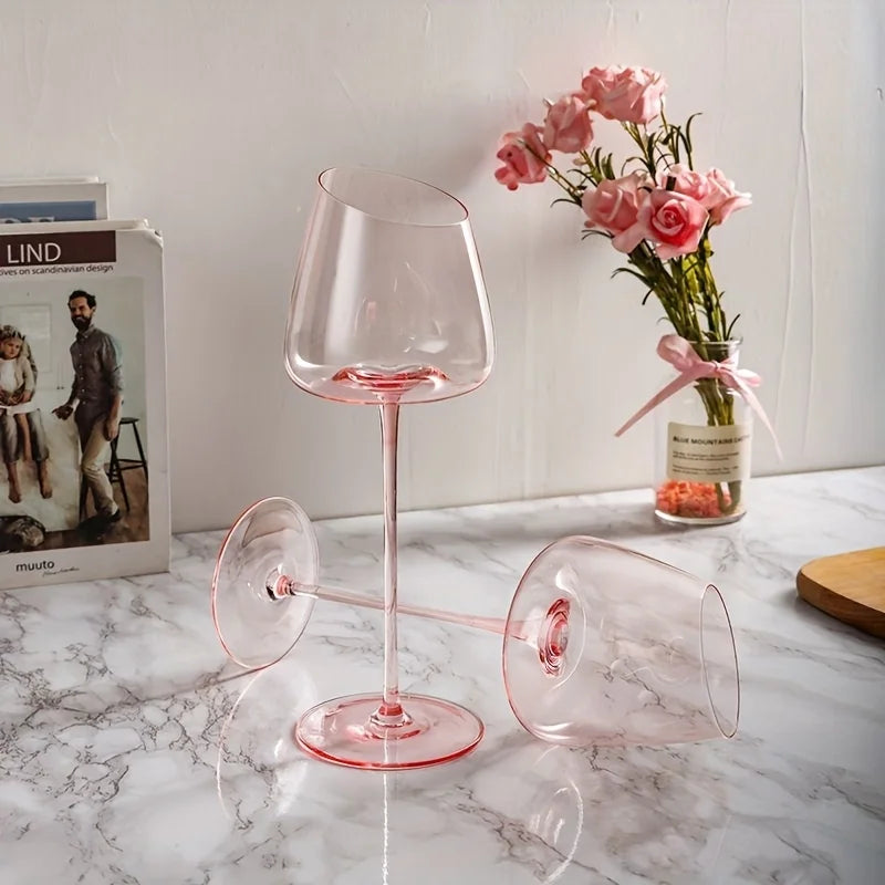 Pink Crystal Wine Glasses, Set of 2, Slanted Mouth