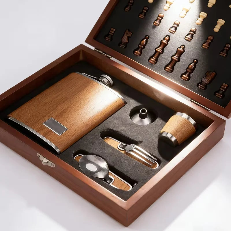 Stainless Steel Hip Flask Gift Set in Wooden Box