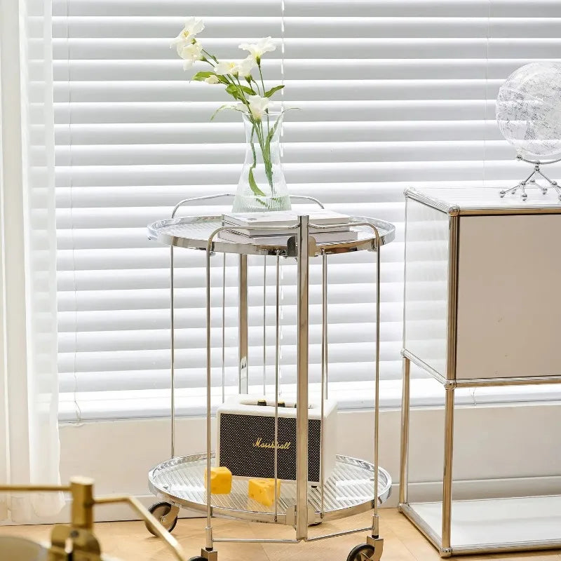 Foldable Round Drinks Trolley with Glass Shelves, Gold or Silver