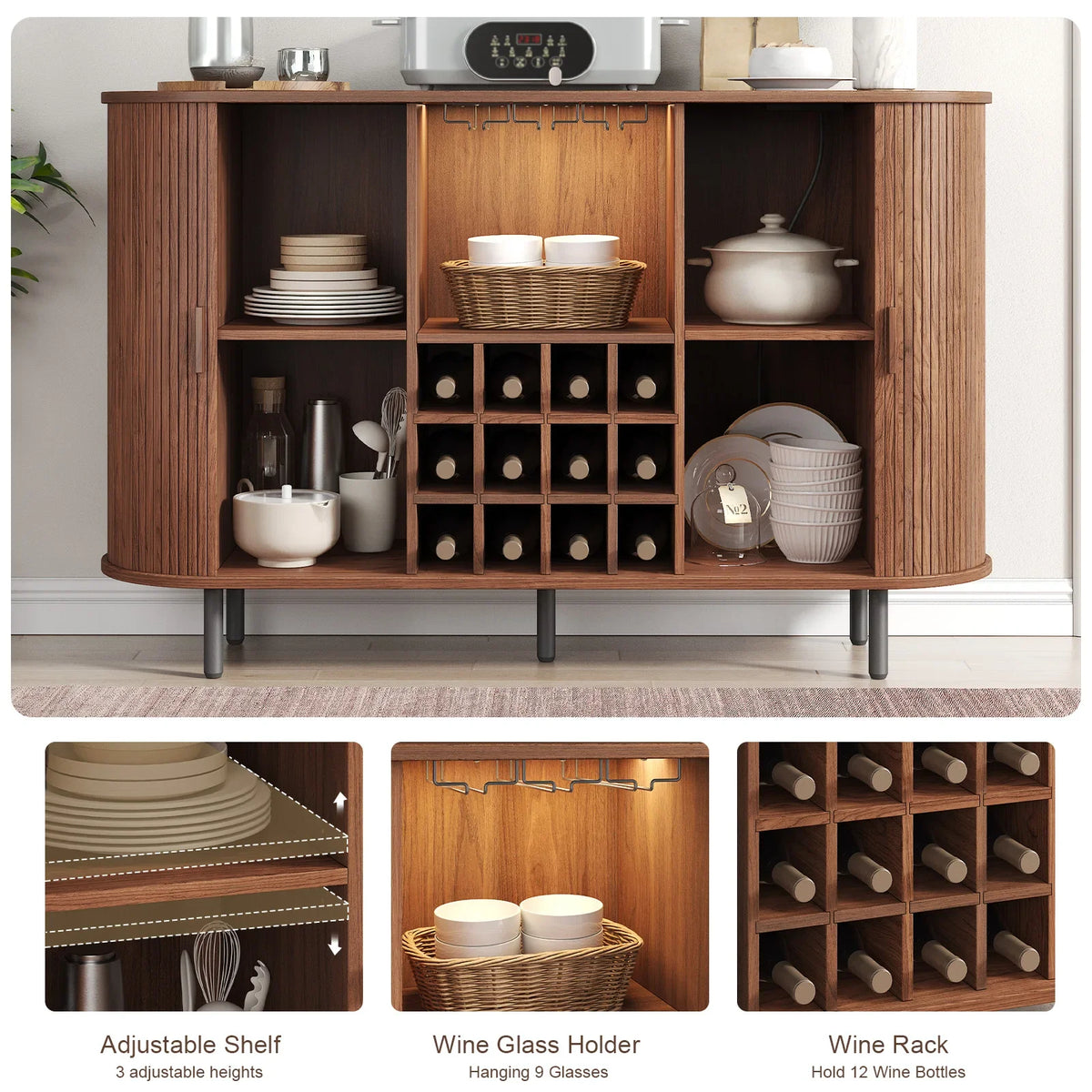 Modern Drinks Cabinet Walnut LED Light