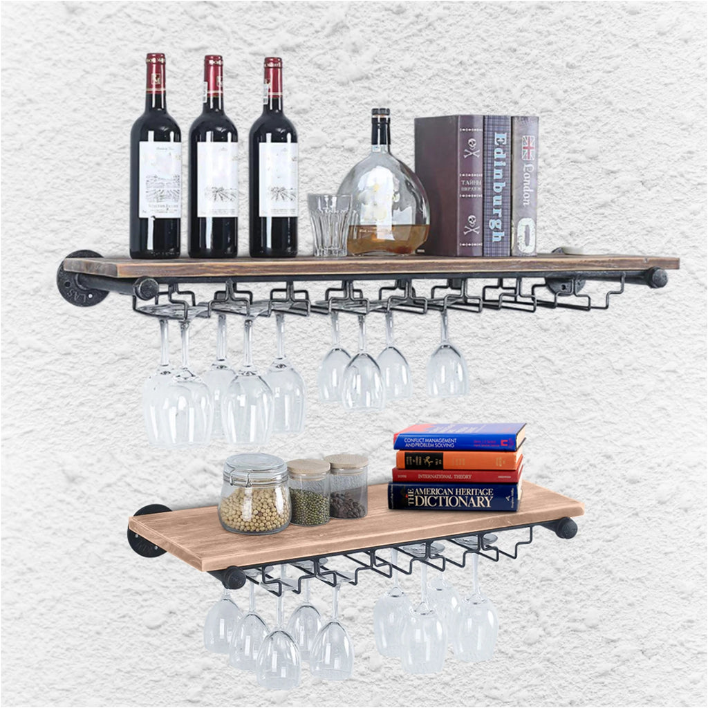 Wall-Mounted Wine Rack with Stemware Holder, Pine and Iron