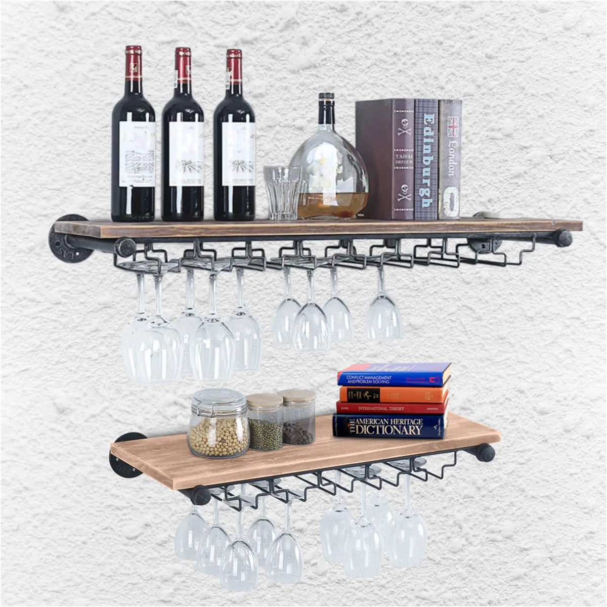 Wall-Mounted Wine Rack with Stemware Holder, Pine and Iron