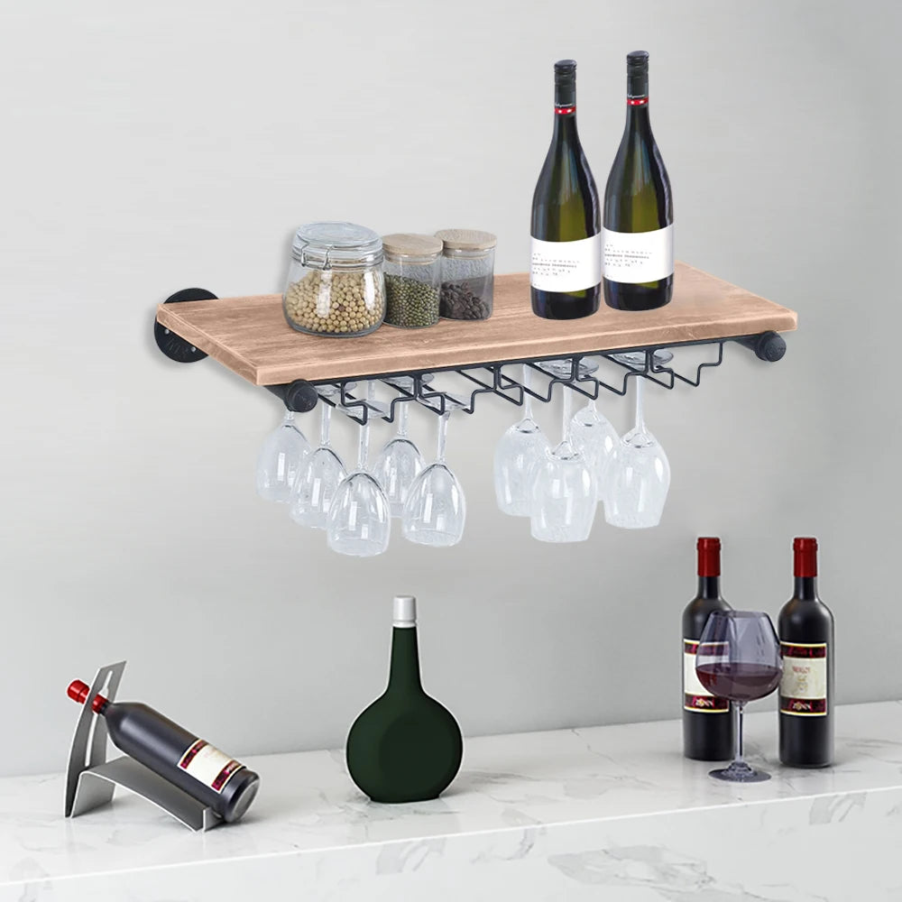 Wall-Mounted Wine Rack with Stemware Holder, Pine and Iron