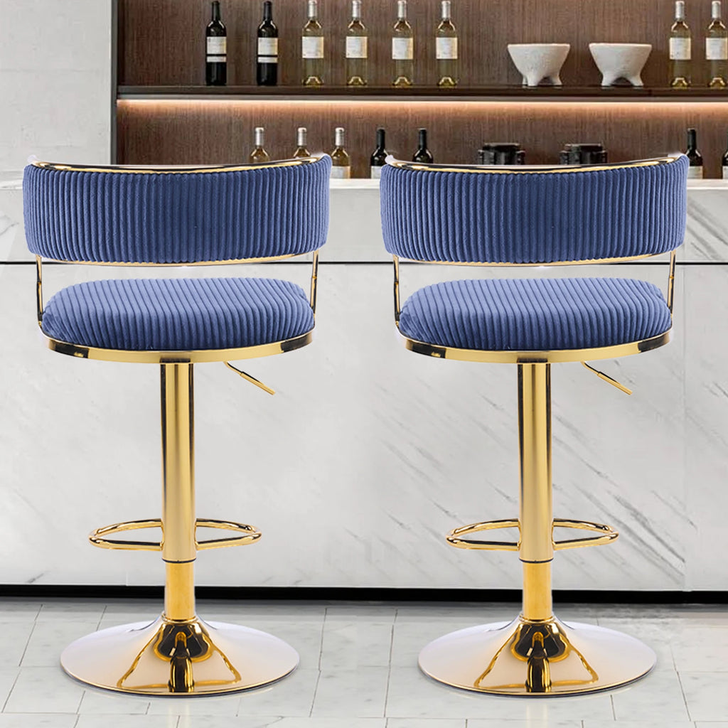 Corduroy Swivel Bar Stools Set of 2, Gold Base, Blue