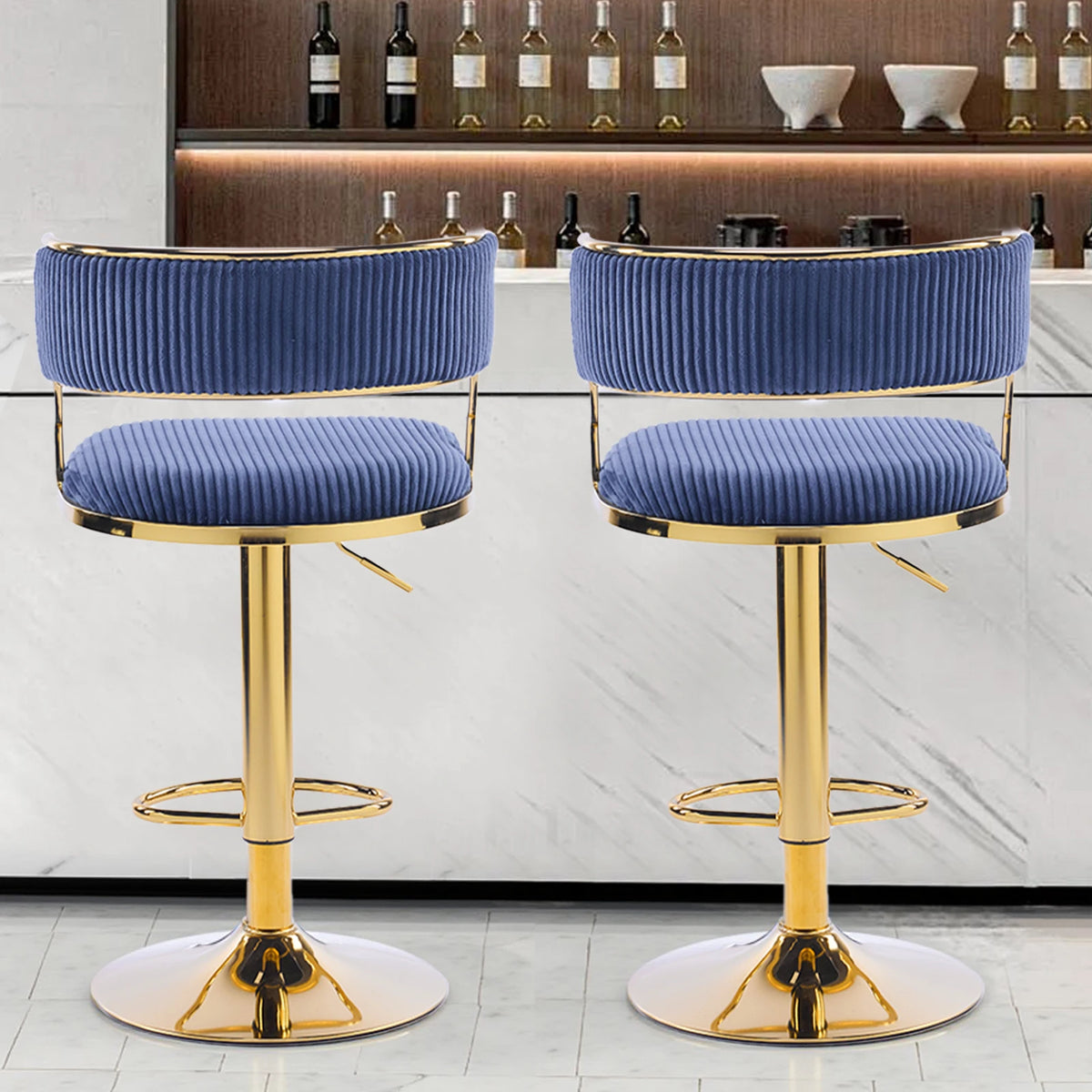 Corduroy Swivel Bar Stools Set of 2, Gold Base, Blue