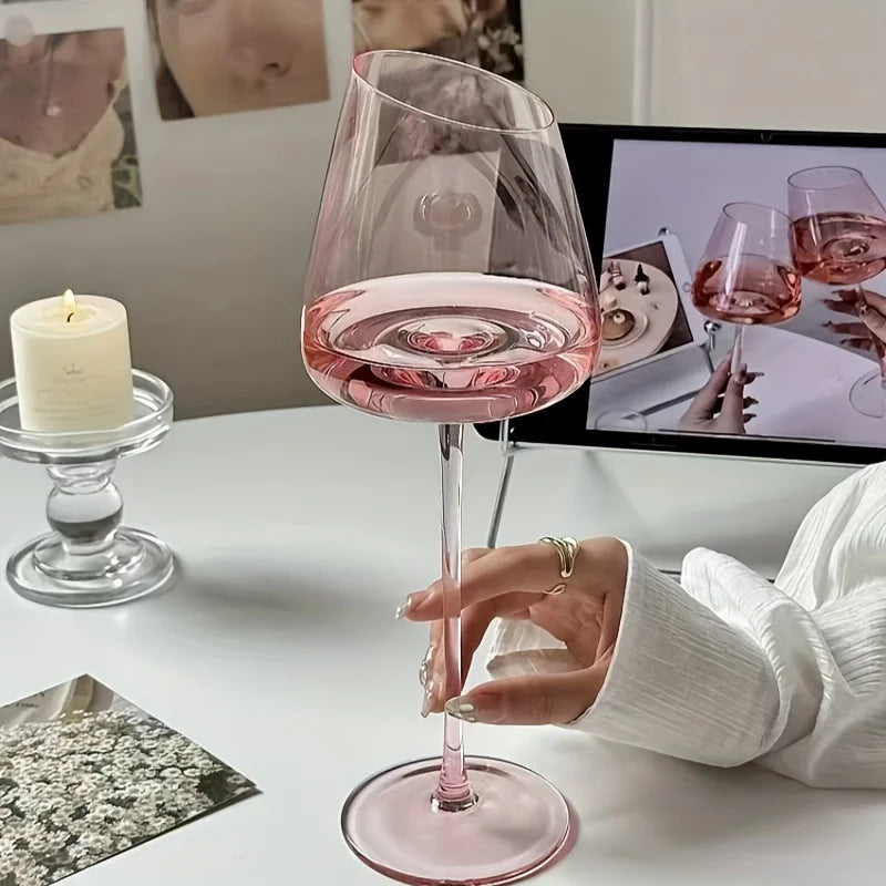 Pink Crystal Wine Glasses, Set of 2, Slanted Mouth