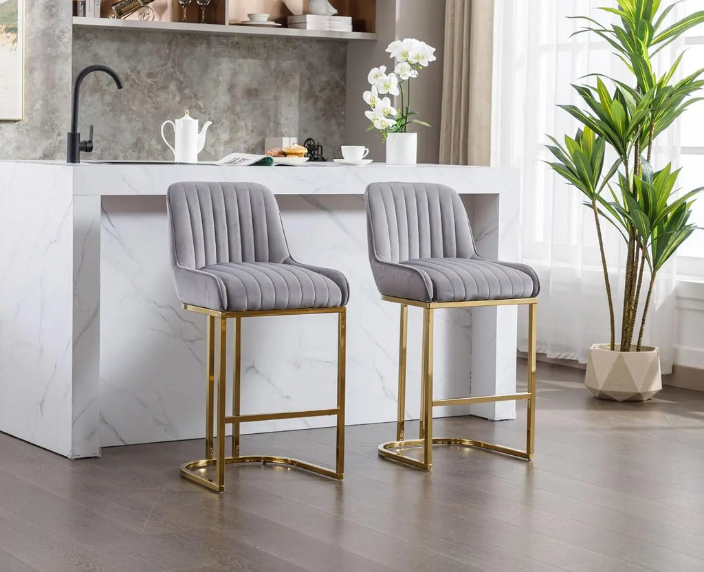 Brixton Grey Velvet Bar Stools Set of 2, High Back, Gold Metal Frame