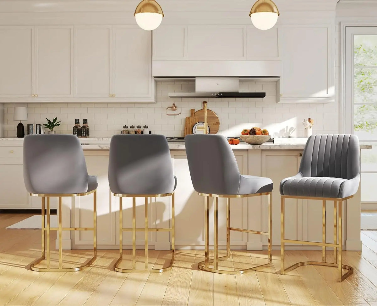 Brixton Grey Velvet Bar Stools Set of 2, High Back, Gold Metal Frame