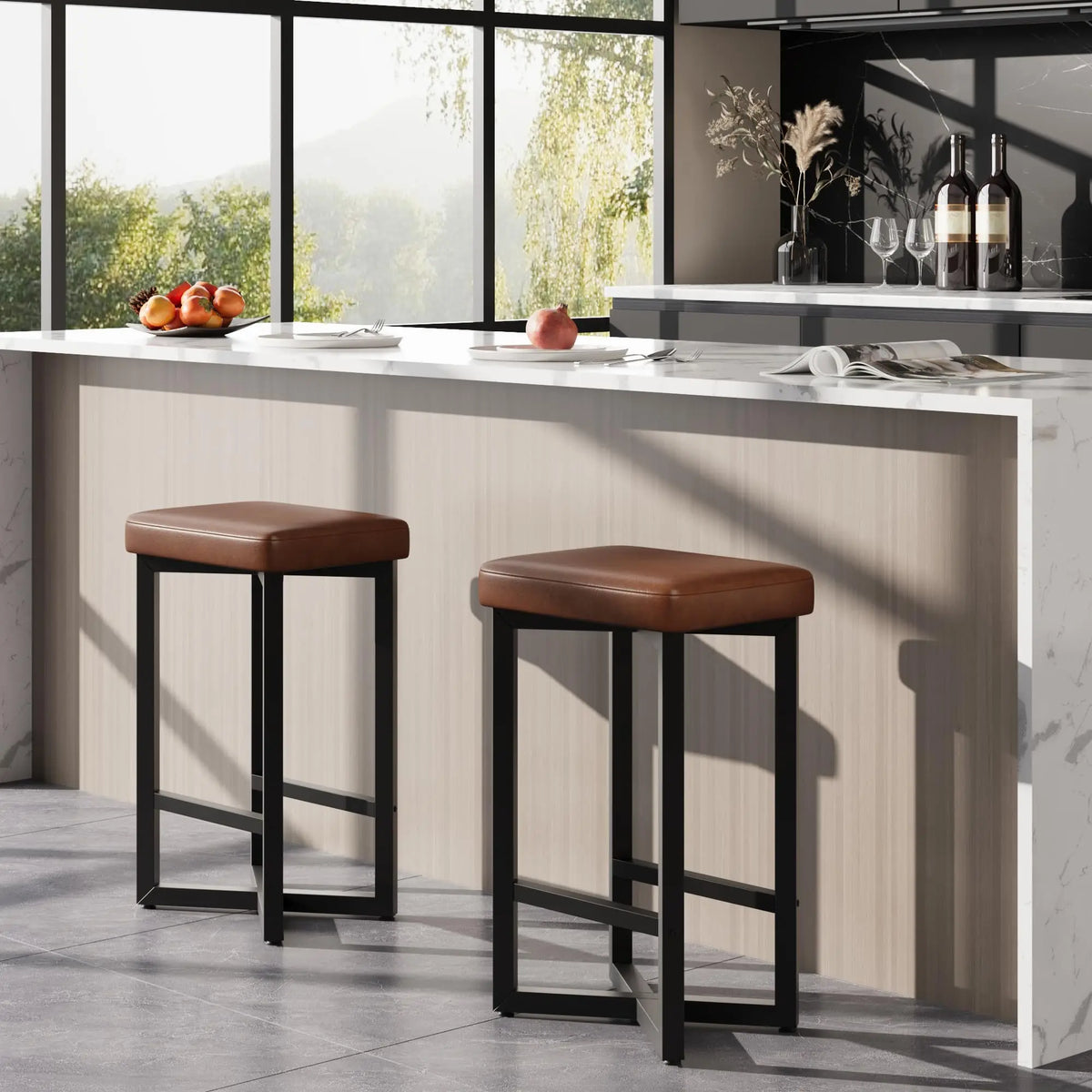 Backless Bar Stools Set of 2, PU Leather, 62.5cm