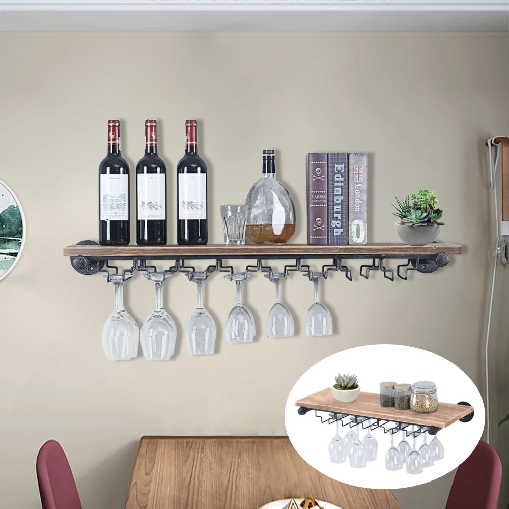 Wall-Mounted Wine Rack with Stemware Holder, Pine and Iron