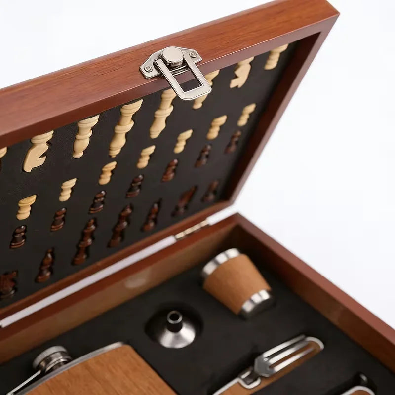 Stainless Steel Hip Flask Gift Set in Wooden Box