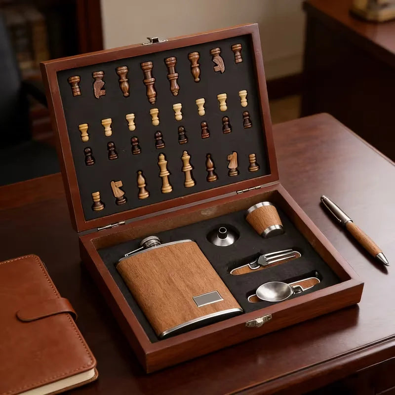 Stainless Steel Hip Flask Gift Set in Wooden Box