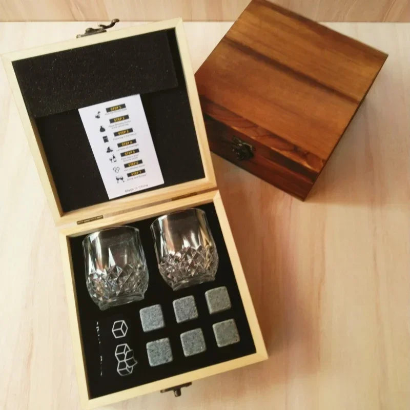 Granite Whisky Stone and Glass Set in Wooden Bottle Box