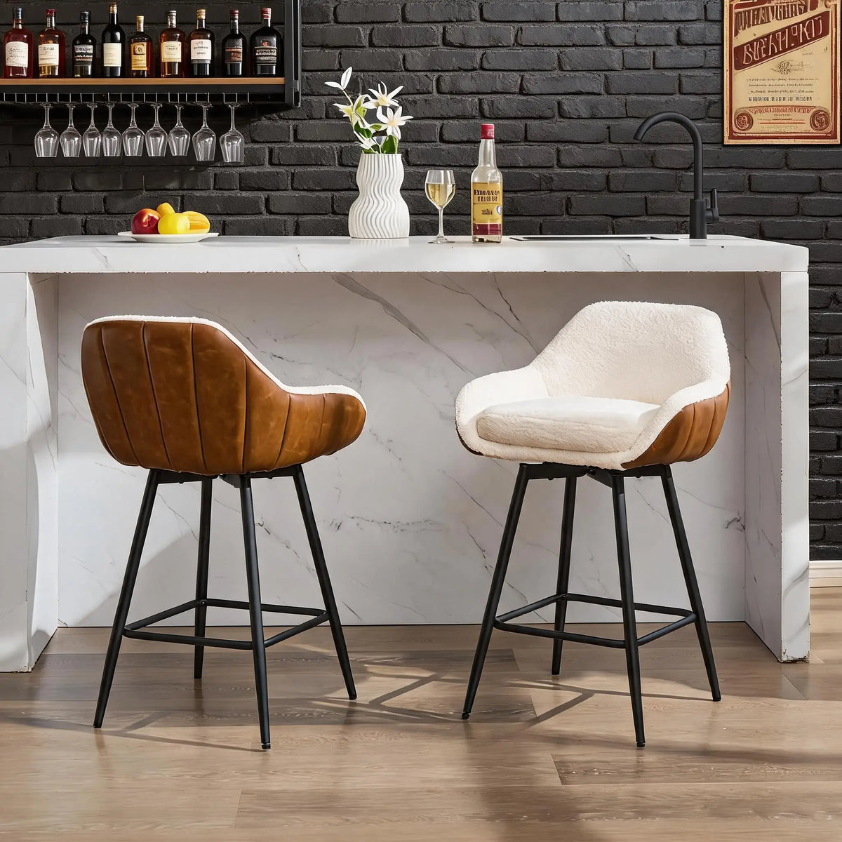 Clapham Teddy Velvet Swivel Bar Stools Set of 2, Armrests, Metal Base