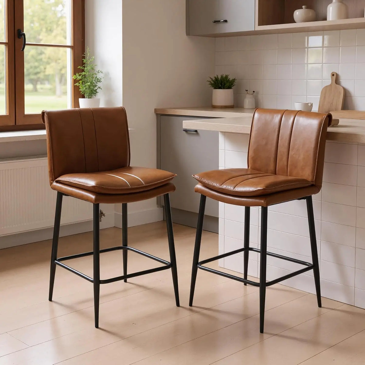 Marylebone Retro Bar Stools Set of 2, PU Leather, Brown