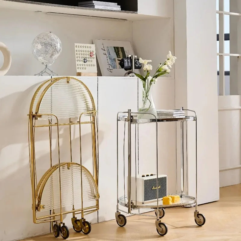 Foldable Round Drinks Trolley with Glass Shelves, Gold or Silver