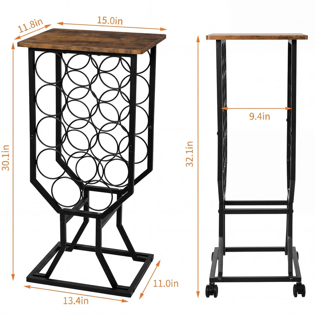 12-Bottle Freestanding Wine Rack with Casters and Wood Top