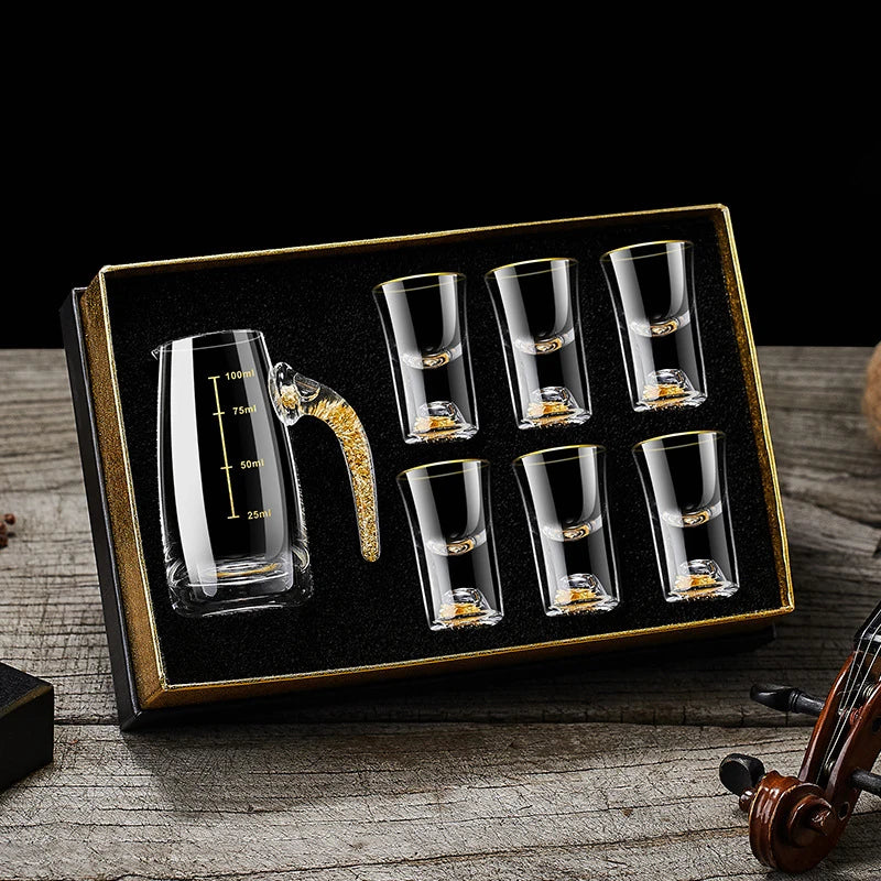 Gold-Foil Crystal Shot Glass Set with Dispenser, Gift Boxed