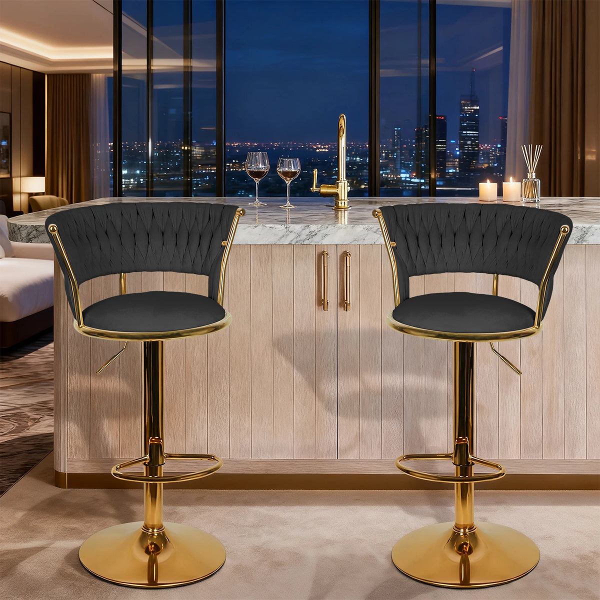 Notting Hill Swivel Velvet Bar Stools Set of 2, Woven Back, Gold Base