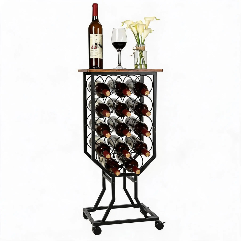 12-Bottle Freestanding Wine Rack with Casters and Wood Top