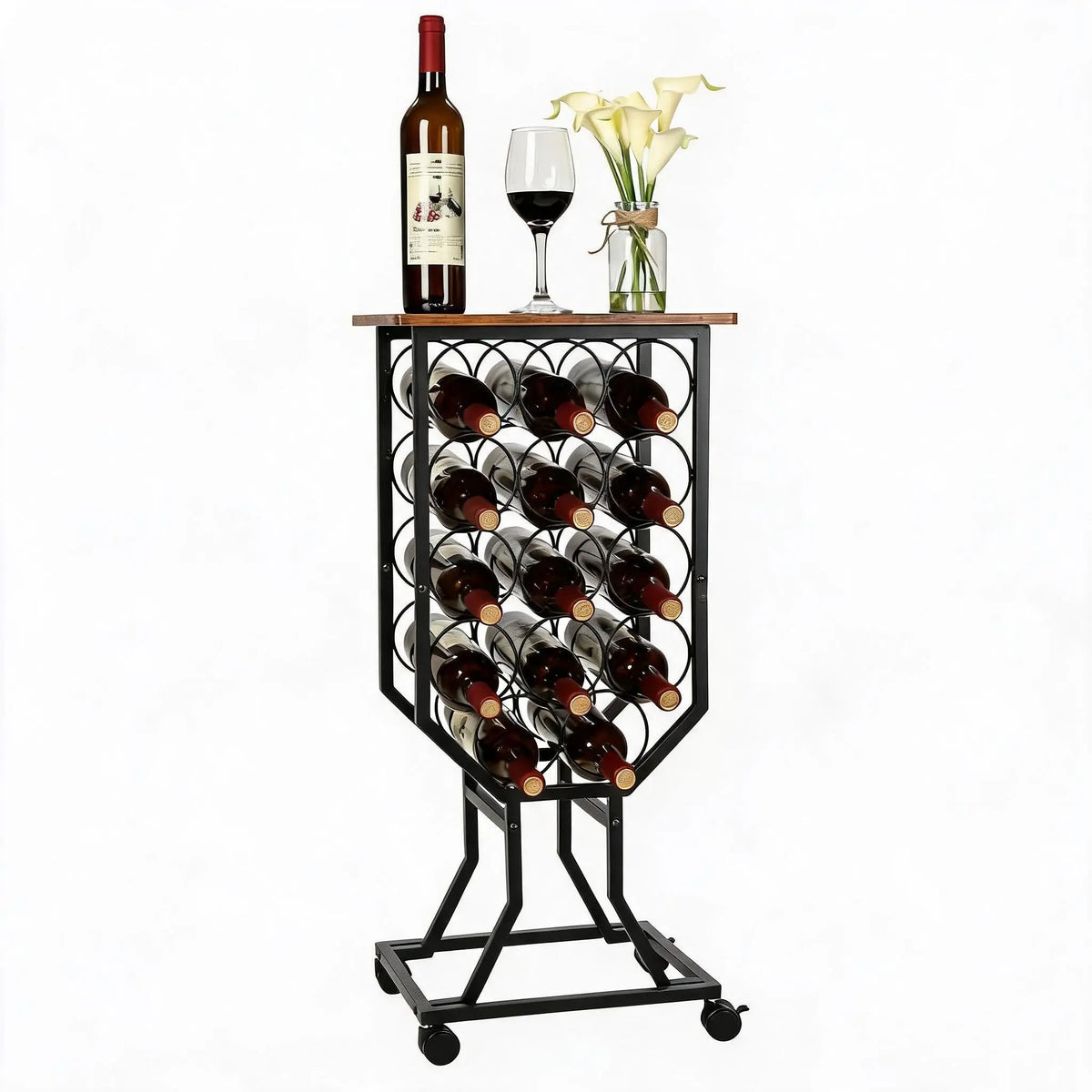12-Bottle Freestanding Wine Rack with Casters and Wood Top