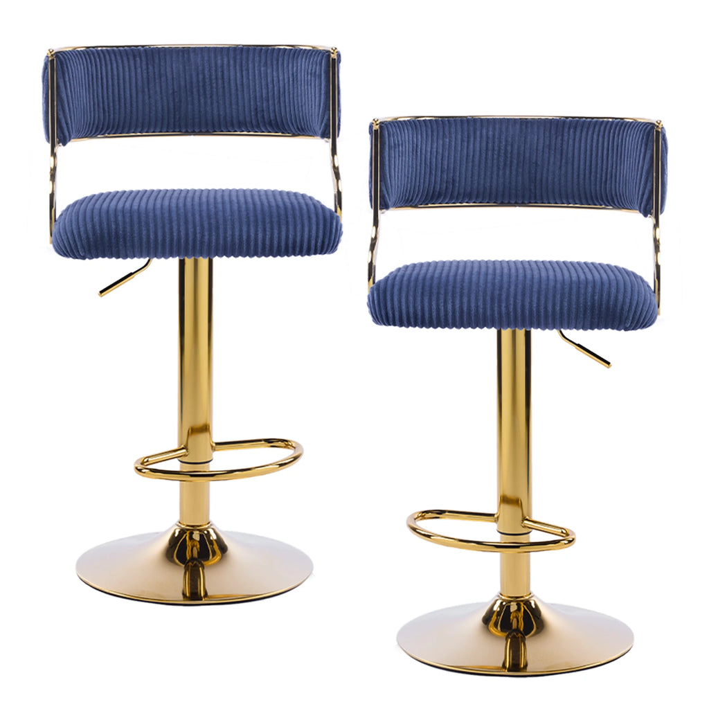 Corduroy Swivel Bar Stools Set of 2, Gold Base, Blue